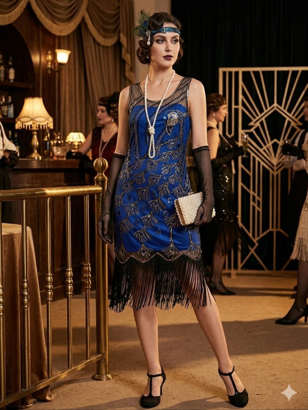 BABEYOND Vintage-Inspired 1920s Peacock Flapper Dress Blue Sequin Medium
